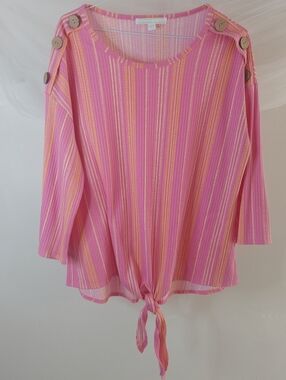Juniper & Lime Pink & Orange Striped Button Shoulder Tie Front Top - Size XL